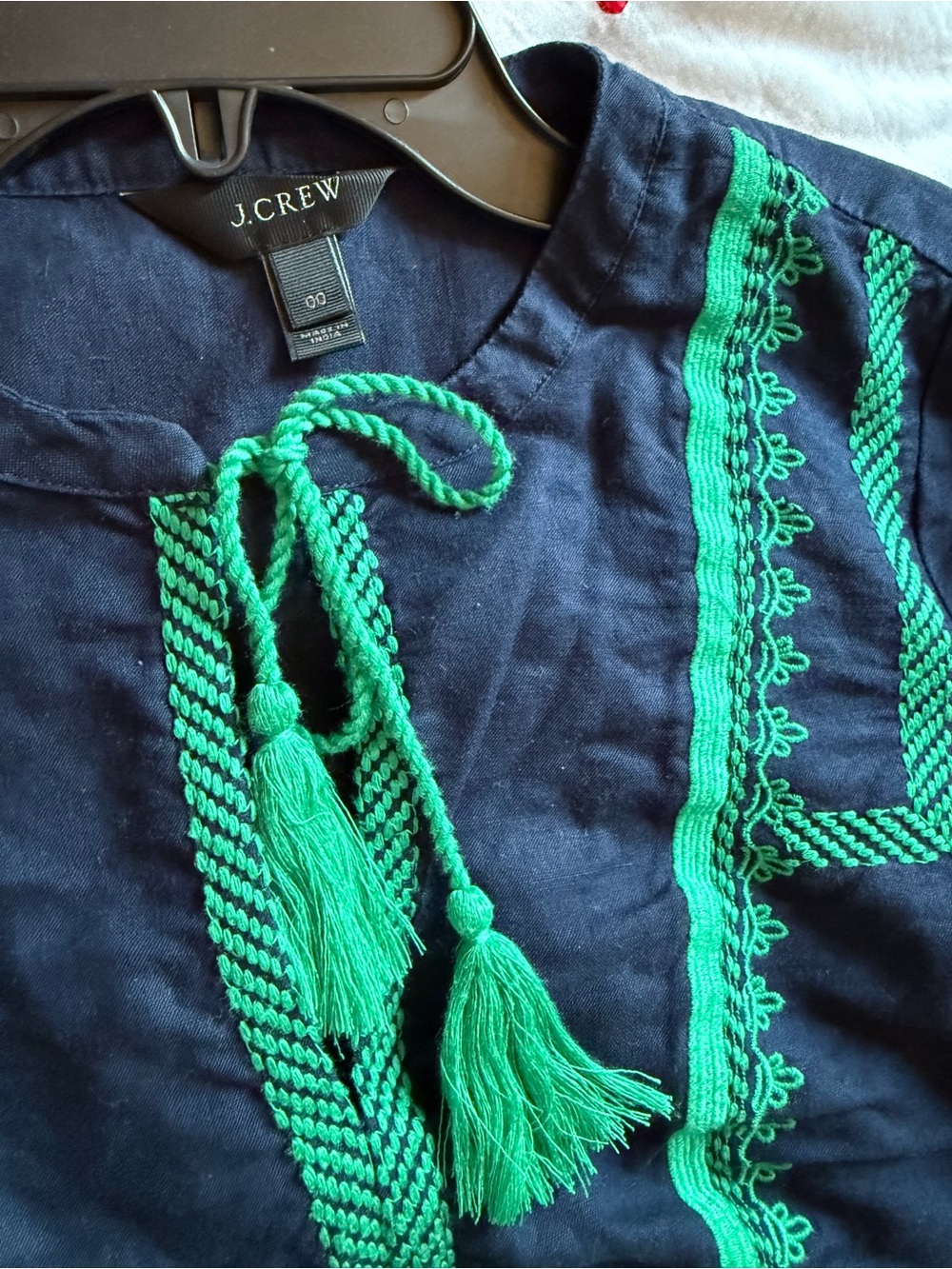 J. Crew Navy Tunic with Bright Green Tassel Trim
